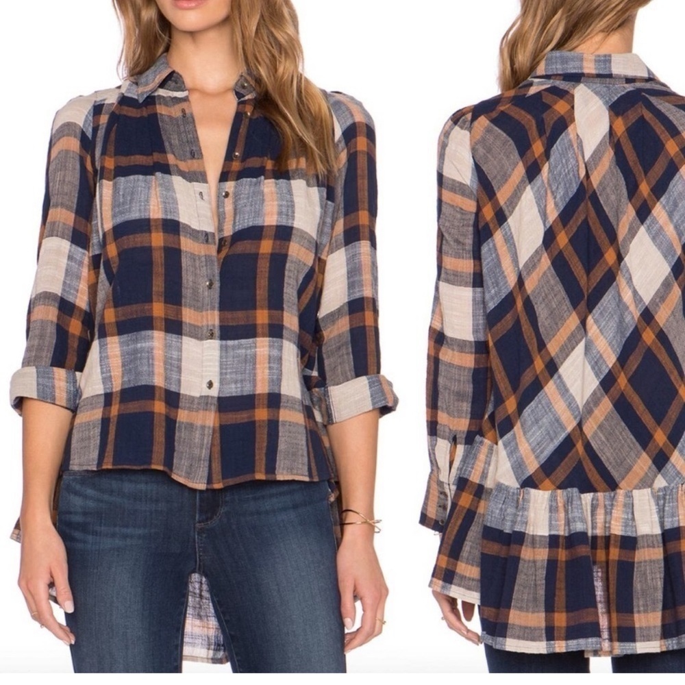 Free People Peppy In Plaid Button Up‎ Top in Navy Sz S